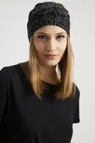 Women's Black, White Patterned, String Detailed 4 Season Hat Beret Buff -Ultra Soft Natural Combed Cotton Fabric-Black on white patterned - 3
