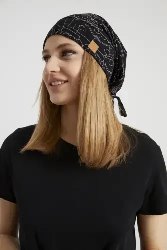 Women's Black, White Patterned, String Detailed 4 Season Hat Beret Buff -Ultra Soft Natural Combed Cotton Fabric-Black on white patterned - 5