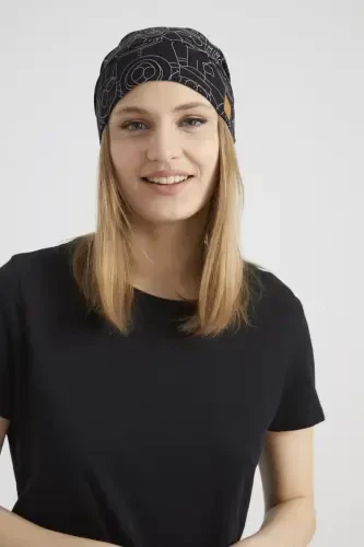 Women's Black, White Patterned, String Detailed 4 Season Hat Beret Buff -Ultra Soft Natural Combed Cotton Fabric-Black on white patterned - 6