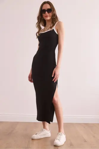 Women's Black White Piping Detailed Slit Maxi Fit 