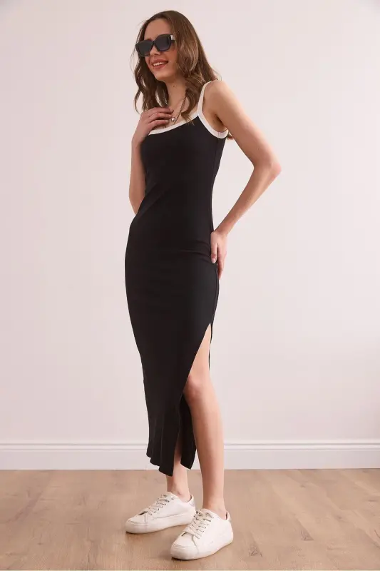 Women's Black White Piping Detailed Slit Maxi Fit - 3