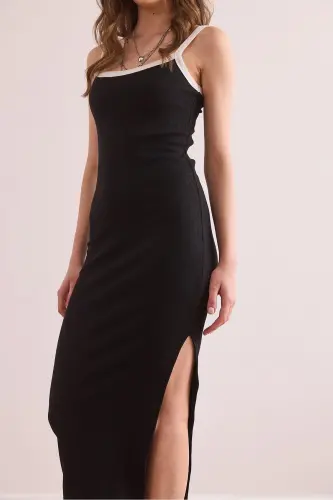 Women's Black White Piping Detailed Slit Maxi Fit - 4