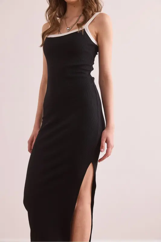 Women's Black White Piping Detailed Slit Maxi Fit - 4