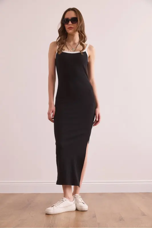 Women's Black White Piping Detailed Slit Maxi Fit - 6