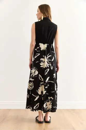Women's Black White Sleeveless Slit Viscose Shirt E - OLALOOK (1)