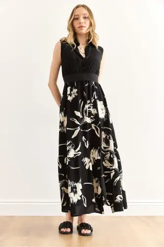 Women's Black White Sleeveless Slit Viscose Shirt E - 7