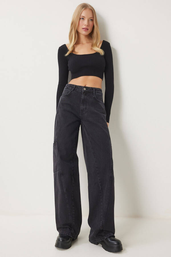 Women's Black Wide Leg Cargo Jeans FN03184 - 2