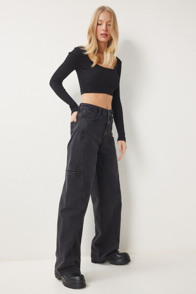 Women's Black Wide Leg Cargo Jeans FN03184 - 5
