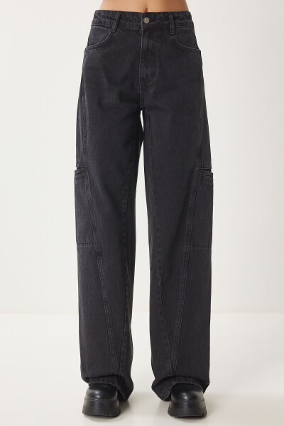 Women's Black Wide Leg Cargo Jeans FN03184 - 6