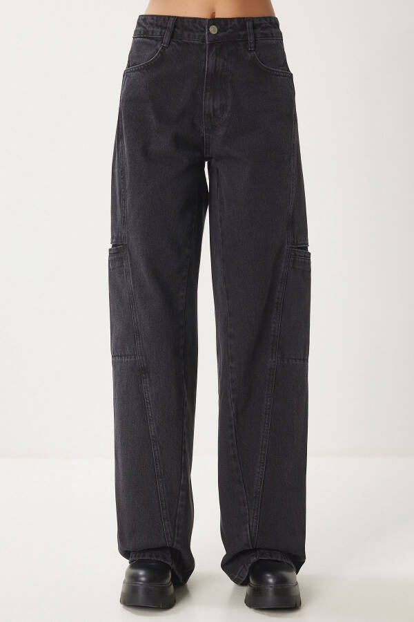 Women's Black Wide Leg Cargo Jeans FN03184 - 6