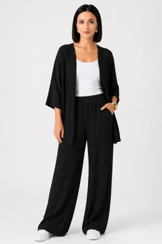 Women's Black Wide Leg Palazzo Kimono Top and Bottom Set 