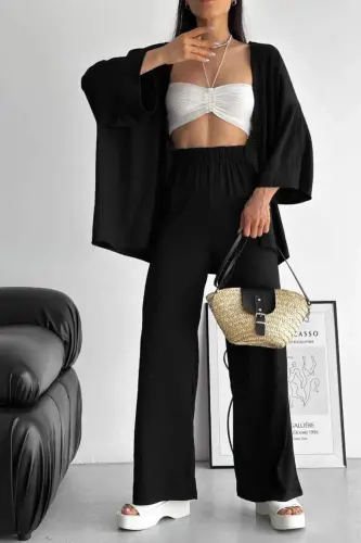 Women's Black Wide Leg Palazzo Kimono Top and Bottom Set - TRENDALISSE (1)