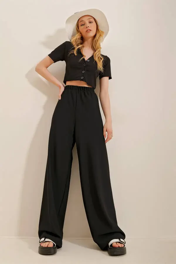 Women's Black Wide Leg Viscon Pants Alc-X4354 - 1