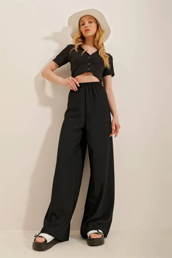 Women's Black Wide Leg Viscon Pants Alc-X4354 - 2