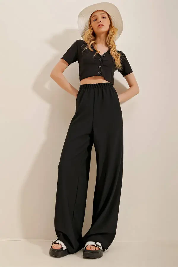 Women's Black Wide Leg Viscon Pants Alc-X4354 - 3
