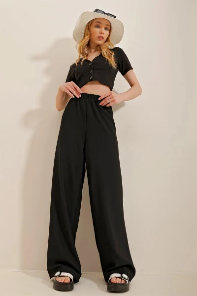 Women's Black Wide Leg Viscon Pants Alc-X4354 - 4