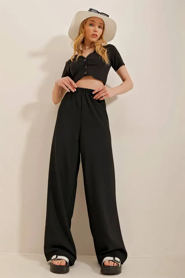 Women's Black Wide Leg Viscon Pants Alc-X4354 - 4