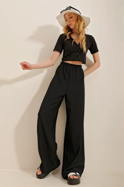 Women's Black Wide Leg Viscon Pants Alc-X4354 - 6