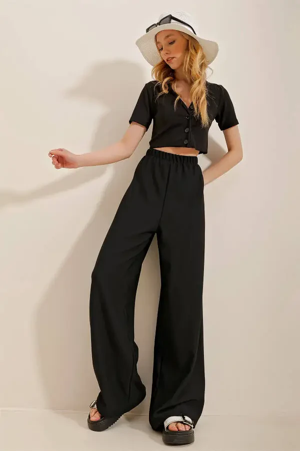 Women's Black Wide Leg Viscon Pants Alc-X4354 - 6