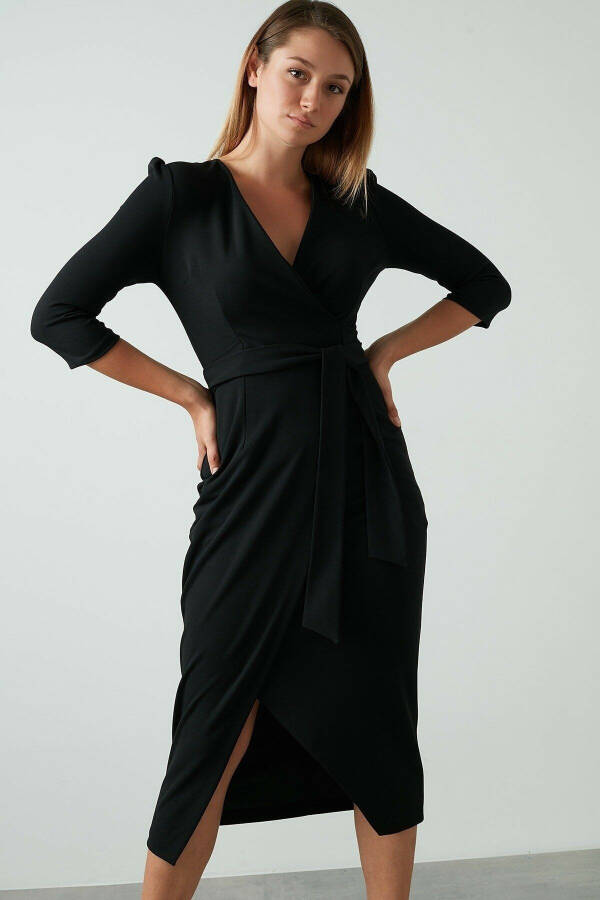 Women's Black Wrap Avelon Tuxedo Crepe Chic Dress - 2