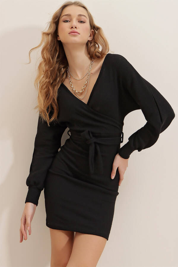 Women's Black Wrap Neck Batwing Sleeve Belted Corset Dress ALC-X7623 - 2
