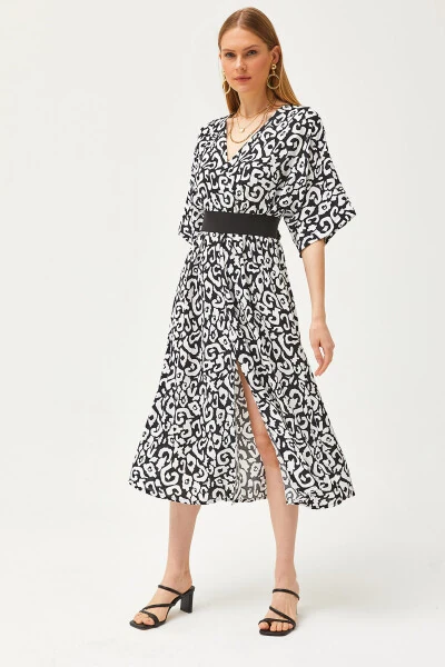 Women's Black Wrap Neck Batwing Waist Elastic Woven Dress ELB-19002084 - OLALOOK