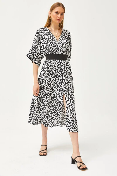 Women's Black Wrap Neck Batwing Waist Elastic Woven Dress ELB-19002084 - OLALOOK (1)