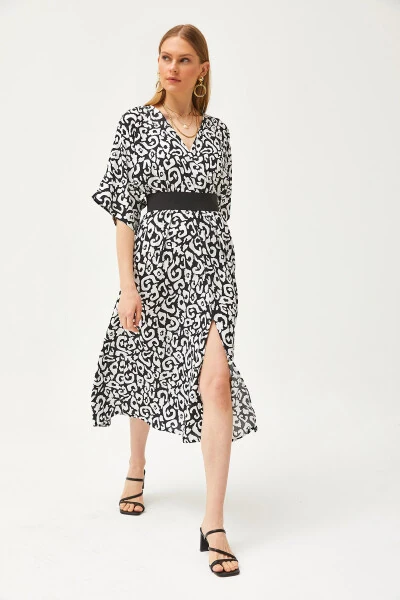 Women's Black Wrap Neck Batwing Waist Elastic Woven Dress ELB-19002084 - 3