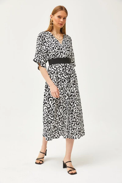 Women's Black Wrap Neck Batwing Waist Elastic Woven Dress ELB-19002084 - 4