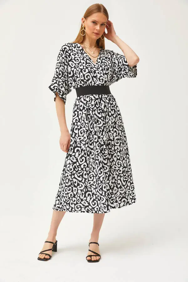 Women's Black Wrap Neck Batwing Waist Elastic Woven Dress ELB-19002084 - 5