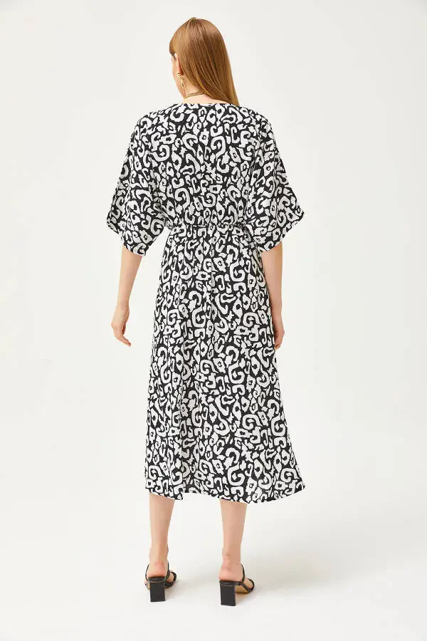 Women's Black Wrap Neck Batwing Waist Elastic Woven Dress ELB-19002084 - 6