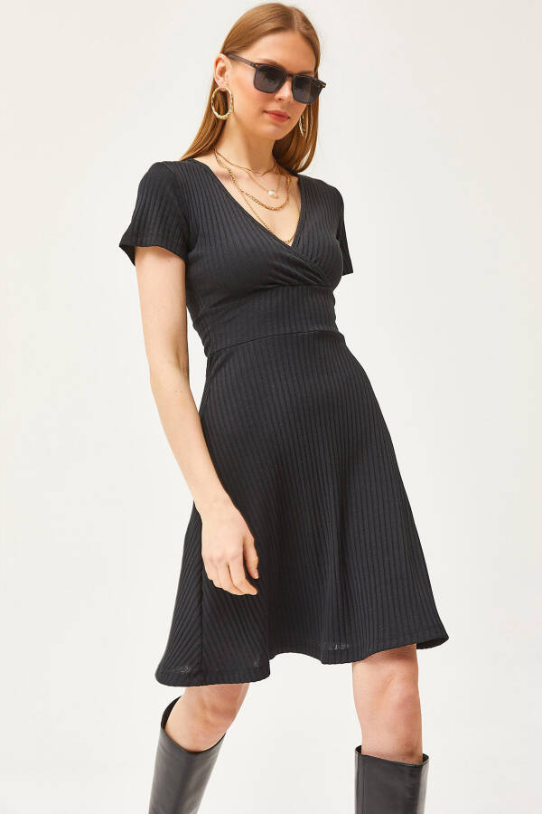 Women's Black Wrap Neck Short Sleeve Mini A-Line Dress ELB-19002059 - 1