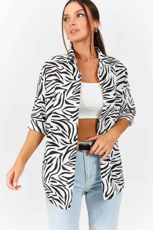 Women's Black Zebra Pattern Oversized Long Basic Shirt Arm-22Y001145 - 1