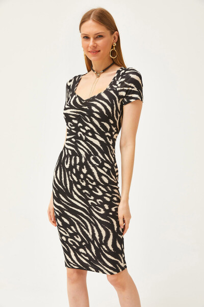 Women's Black Zebra Robe Crinkled Crystal Viscose Dress ELB-19002061 - 2