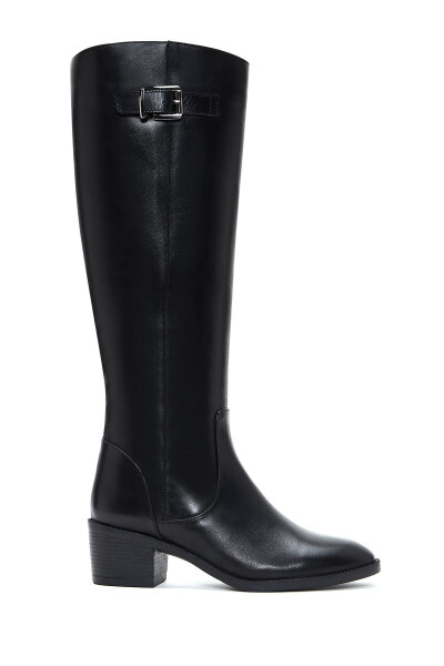 Women's Black Zipper Buckle Detail Chunky Heel Leather Boots - 1