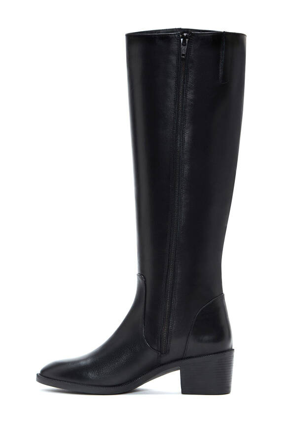 Women's Black Zipper Buckle Detail Chunky Heel Leather Boots - 3