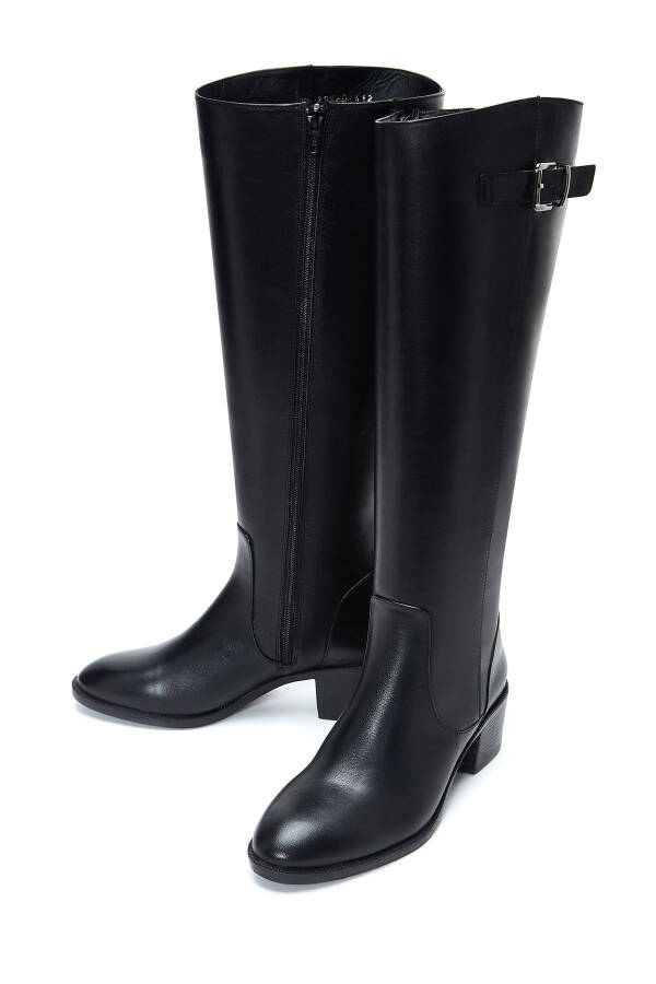 Women's Black Zipper Buckle Detail Chunky Heel Leather Boots - 7