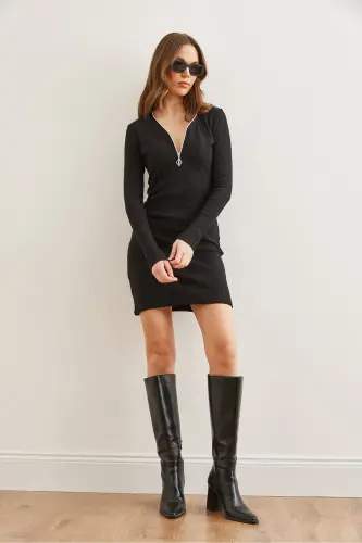 Women's Black Zipper Detailed Ribbed Mini Dress EL - OLALOOK (1)