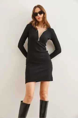 Women's Black Zipper Detailed Ribbed Mini Dress EL - 3