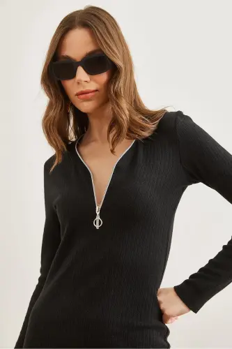 Women's Black Zipper Detailed Ribbed Mini Dress EL - 5