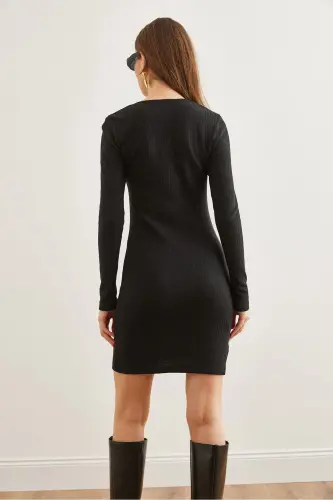 Women's Black Zipper Detailed Ribbed Mini Dress EL - 6