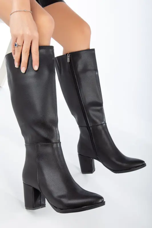 Women's Black Zippered Below the Knee Heeled Boot - black heeled - 1