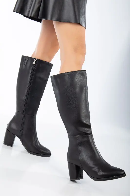 Women's Black Zippered Below the Knee Heeled Boot - black heeled - 2
