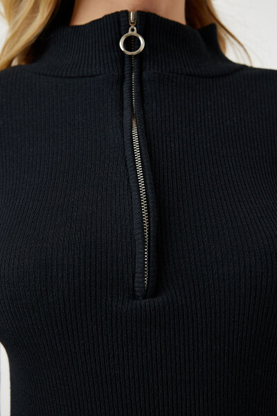 Women's Black Zippered Crew Neck Ribbed Knit Dress UB00260 - 4