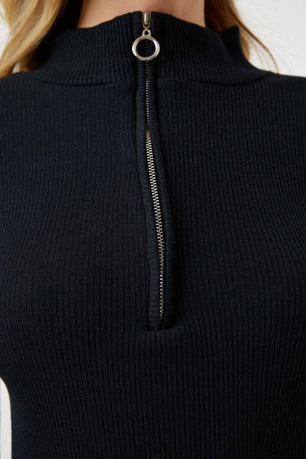 Women's Black Zippered Crew Neck Ribbed Knit Dress UB00260 - 4