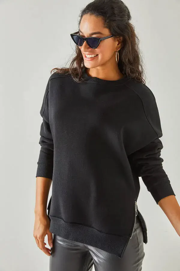 Women's Black Zippered Detail Fleece Lined Sweatshirt SWT-19000624 - 2