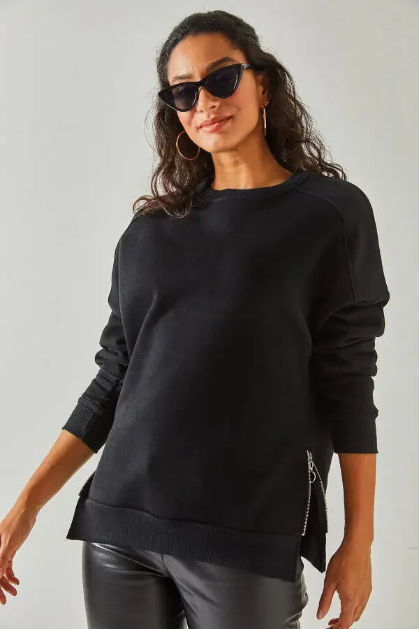 Women's Black Zippered Detail Fleece Lined Sweatshirt SWT-19000624 - 3