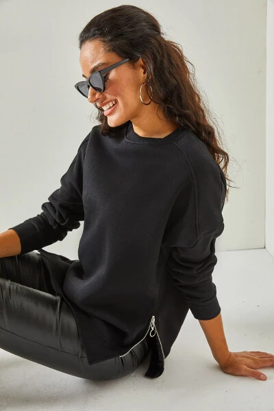 Women's Black Zippered Detail Fleece Lined Sweatshirt SWT-19000624 - 4