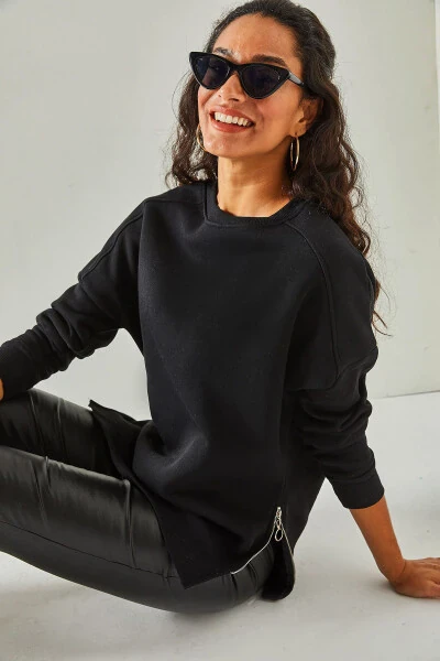 Women's Black Zippered Detail Fleece Lined Sweatshirt SWT-19000624 - 5