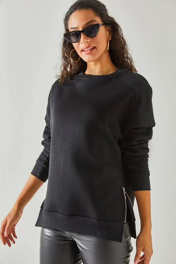 Women's Black Zippered Detail Fleece Lined Sweatshirt SWT-19000624 - 6
